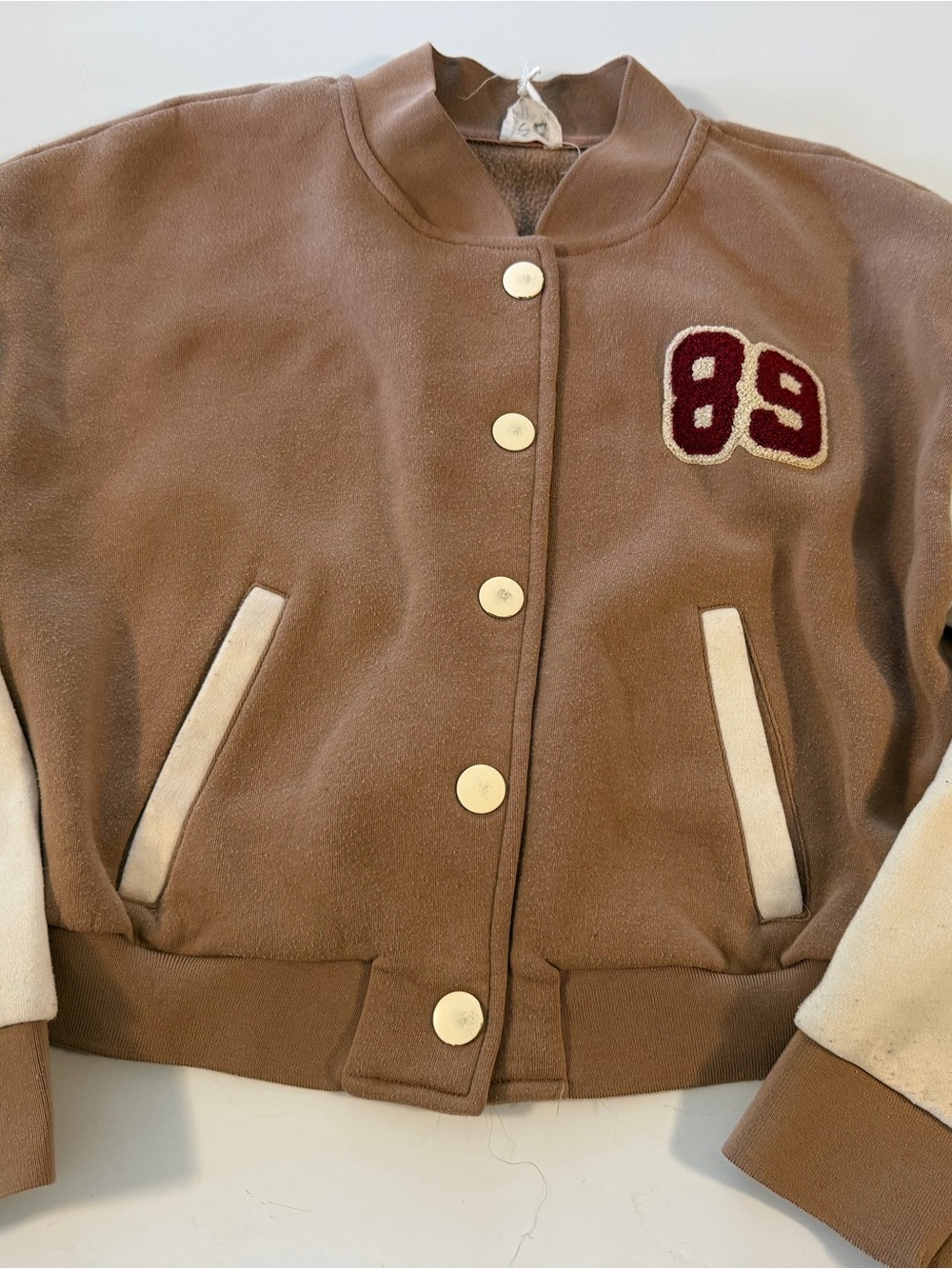 Hippie Rose Varsity Bomber Jacket – Tan/Cream – Women’s Small